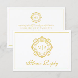 Cartão RSVP Ornamentado Floral Monograma Dourado Casamento