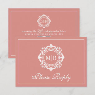 Cartão RSVP Ornamentado Floral Monograma Rosa Dourado Casament
