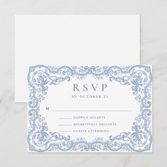 Cartão RSVP Ornamentado Renascentista Casamento Azul Dusty (Frente/Verso)