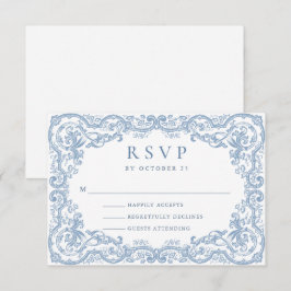 Cartão RSVP Ornamentado Renascentista Casamento Azul Dusty
