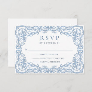Cartão RSVP Ornamentado Renascentista Casamento Azul Dusty