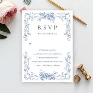 Cartão RSVP Ornamentado Renascentista Casamento Azul Dusty