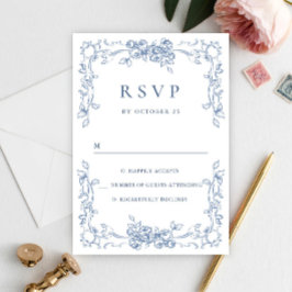 Cartão RSVP Ornamentado Renascentista Casamento Azul Dusty