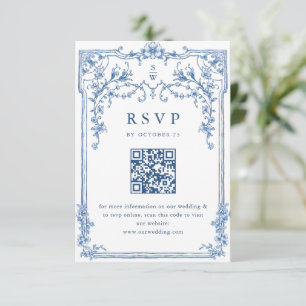 Cartão RSVP Ornamentado Vitoriano Azul Grace Floral Código QR
