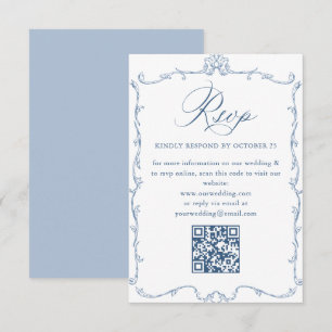 Cartão RSVP Ornamentado vitoriano Floral Dusty Blue Código QR