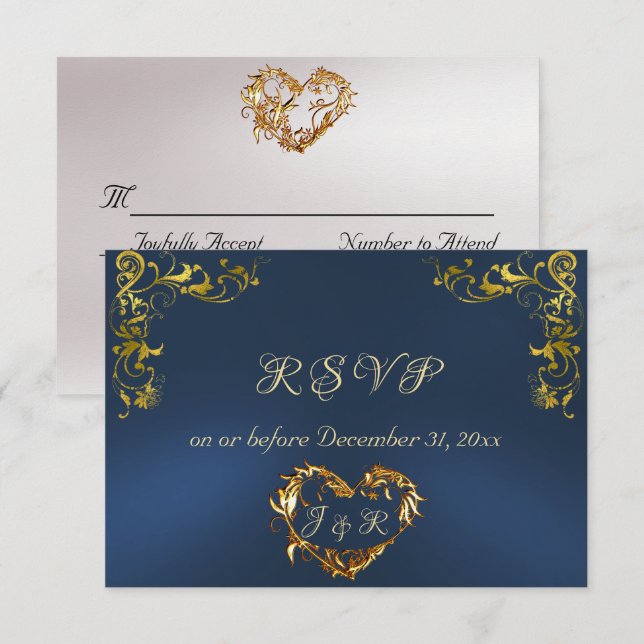 Cartão RSVP Ornate Frame & Heart - Blue/Gold (Frente/Verso)