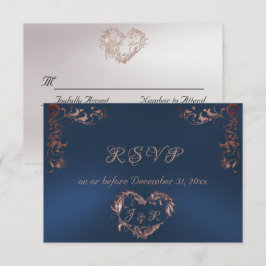 Cartão RSVP Ornate Frame & Heart - Blue/Rose Gold