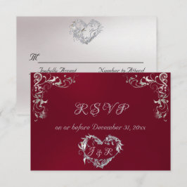 Cartão RSVP Ornate Frame & Heart - Burgundy/Silver
