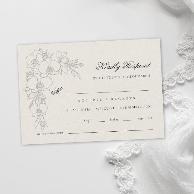 Cartão RSVP Orquídea Elevada Ecru Formal Casamento Tradicional (orchid wedding rsvp meal formal modern classic traditional black tie parents hosted ecru)