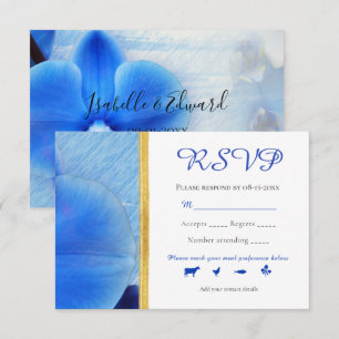 Cartão RSVP Orquídeas Aquarela Azul Tropical Linha Ouro Casame