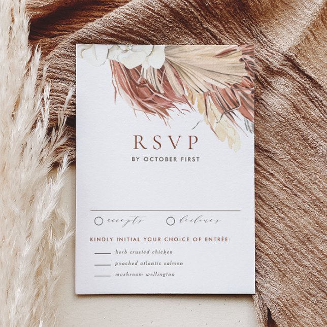 Cartão RSVP Orquídeas Brancas Boho e Palmeiras Secas Casam (This RSVP card features watercolor florals including pampas grass, dried palm leaves, and orchids.)