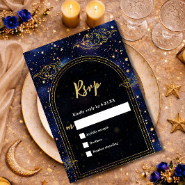 Cartão RSVP Ouro azul astronomia celestial estrelas casamento