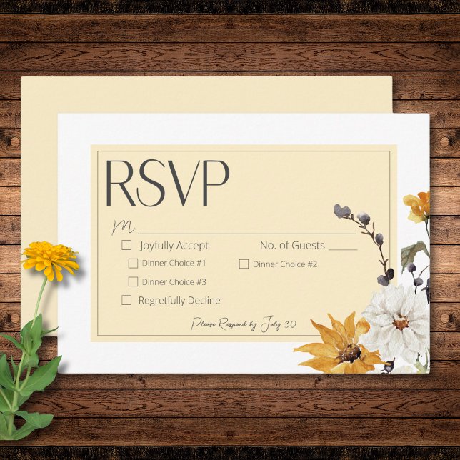 Cartão RSVP Ouro Boho Flores Amarelas Jantadas Amarelas (Boho Golden Yellow Meadow Flowers Yellow Dinner RSVP Card)