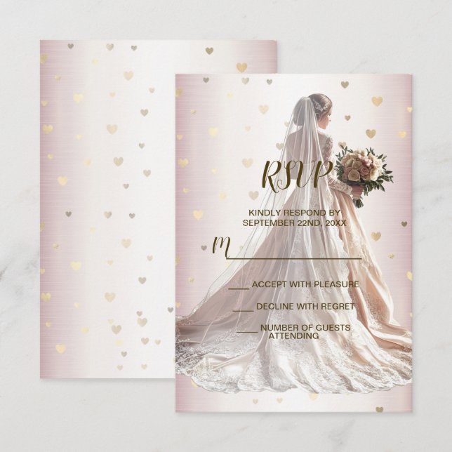 Cartão RSVP Ouro Casamento no inverno Bride rosa Bride Coraçõe (Frente/Verso)