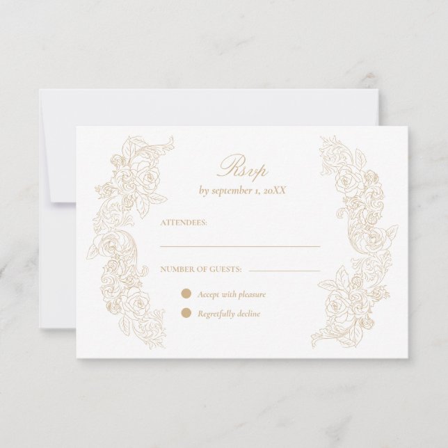 Cartão RSVP Ouro de champanhe barroco botânico (Frente)