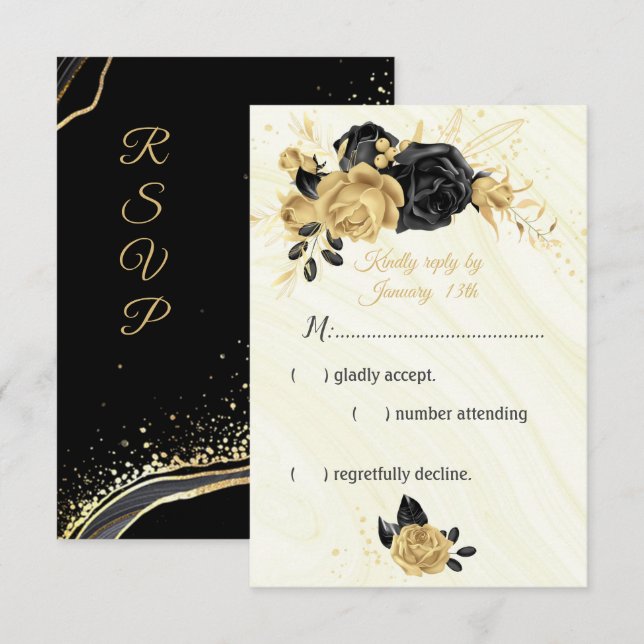 Cartão RSVP Ouro elegante e flores pretas (Frente/Verso)