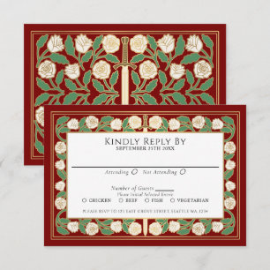 Cartão RSVP Ouro Escarlate Branco Floral Espada Casamento Real