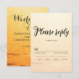 Cartão RSVP Ouro laranja de verão ondas do mar casamento