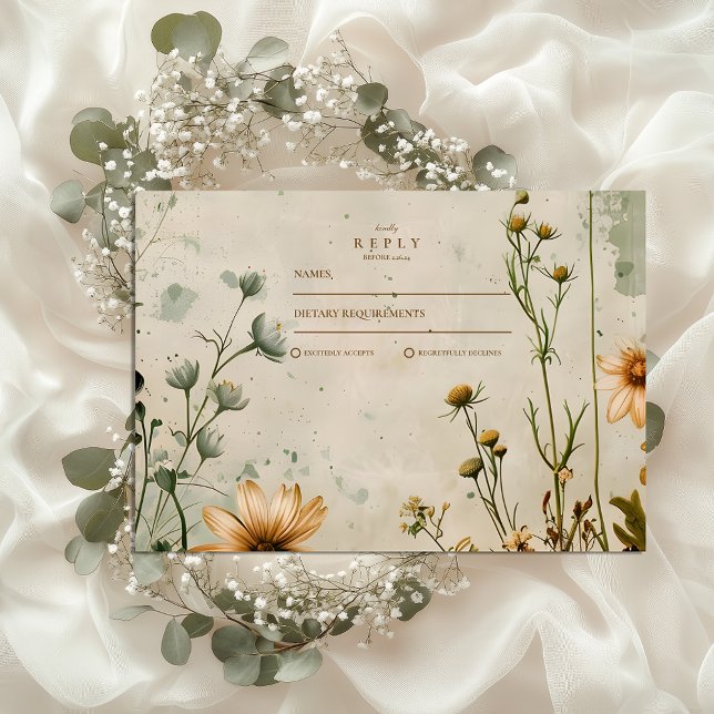 Cartão RSVP Ouro Meadow Wildflower Wedding (Criador carregado)