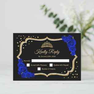 Cartão RSVP Ouro Preto Azul Real Quinceanera
