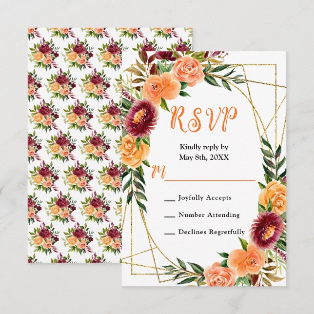 Cartão RSVP Outono Burgundy e Flores Laranja (Frente/Verso)