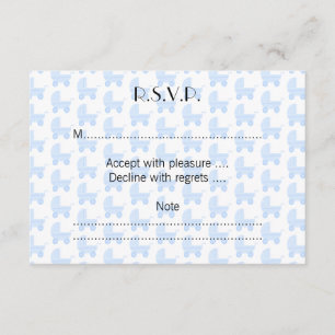 Cartão RSVP Padrão de carrinho de bebê azul claro e branco.