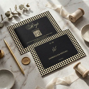Cartão RSVP Padrão de Diamante Retro Preto Dourado Casamento Q