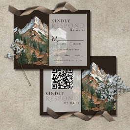 Cartão RSVP Paisagem Montanhosa Rústica Casamento Aquarela QR 