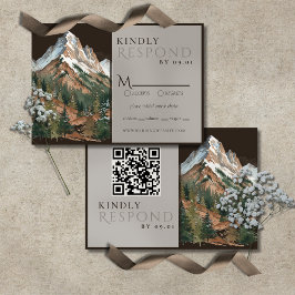 Cartão RSVP Paisagem Montanhosa Rústica Casamento Aquarela QR 
