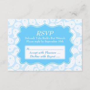Cartão RSVP Paisley Pattern em Azul, Bat Mitzvah