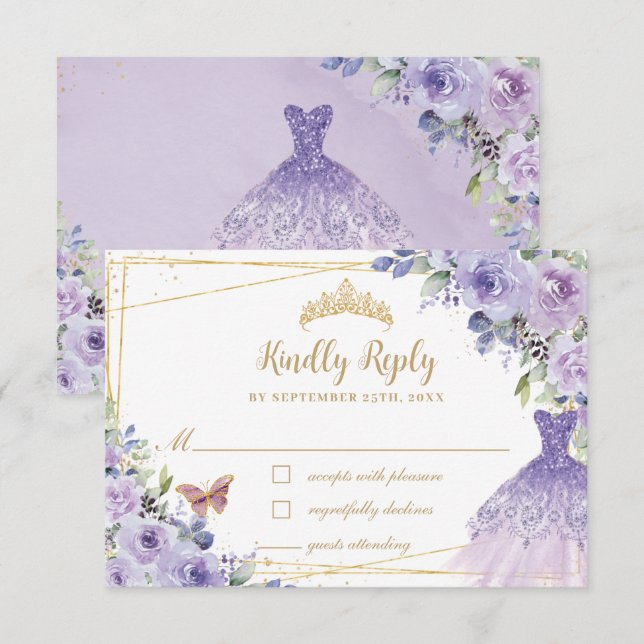 Cartão RSVP Palhaço Dourado de Quinceañera, Floral Roxo (Frente/Verso)