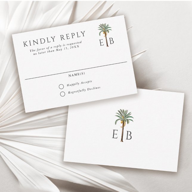 Cartão RSVP Palm Tree Elegant Tropical Monogram Wedding (Criador carregado)