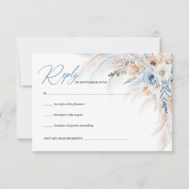Cartão RSVP Pampas de rosas florais e de marfim azul Elegante (Frente)