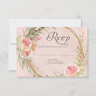 Cartão RSVP Pampas Florais Elegantes Folha Dourada Watercolor
