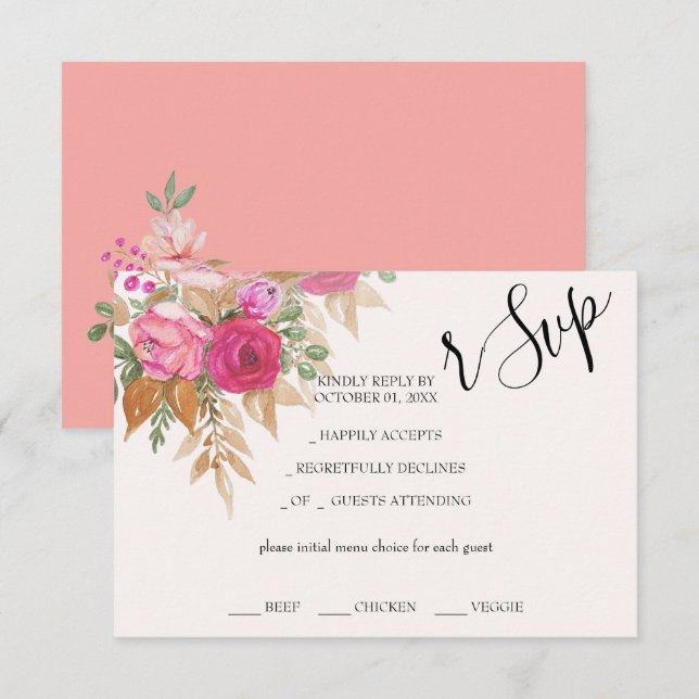 Cartão RSVP Pampas Rosa-Russas Cintado Pintado À Mão (Frente/Verso)