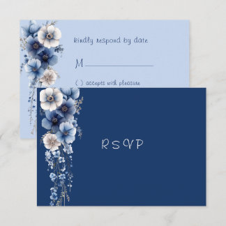 Cartão RSVP Pano Floral Azul e Branco Aquarela Estrelas