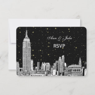 Cartão RSVP Panorama de NYC 01 Estrelas Gravadas DIY BG Cor RS