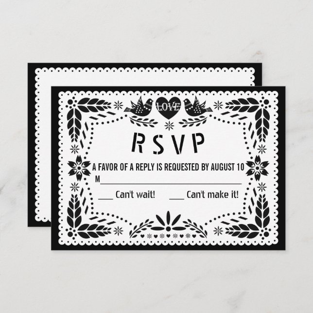 Cartão RSVP Papel branco e preto picado amor aves casamento (Frente/Verso)