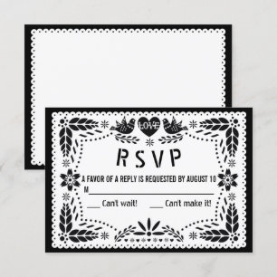 Cartão RSVP Papel branco e preto picado amor aves casamento