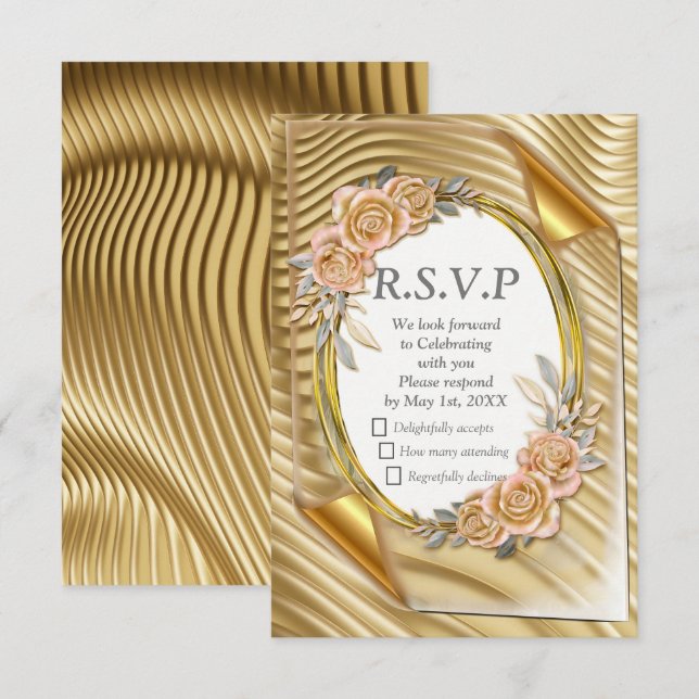 Cartão RSVP Papel Dourado com Rosas Elegantes (Frente/Verso)