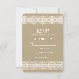 Cartão RSVP Papel Marrom e Renda Natural Rústico Casamento RSV