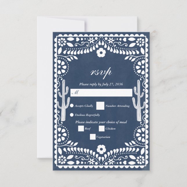 Cartão RSVP Papel Picado Boda Mexican  Rustic Blue Wedding (Frente)
