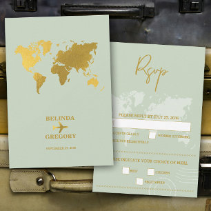 Cartão RSVP Passaporte Verde-Salvia Dourado para Casamento em 
