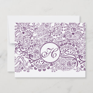 Cartão RSVP Pássaros de Amor Roxo Damask Monograma Casamentos
