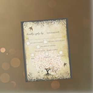 Cartão RSVP Pássaros de árvores cor-de-rosa pintadas casando R