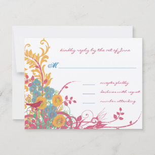 Cartão RSVP Pássaros do AMOR Floral Rosa e Azul Casamento