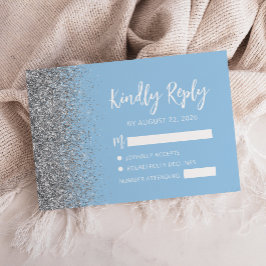 Cartão RSVP Pastel Azul Bebê Borda com Glitter Prata Script
