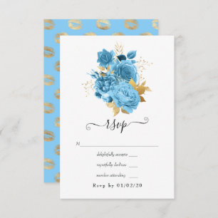 Cartão RSVP Pastel Blue e Dourado Casamento Floral