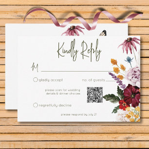 Cartão RSVP Pastel & Burgundy Blooms Moderno Código QR Floral