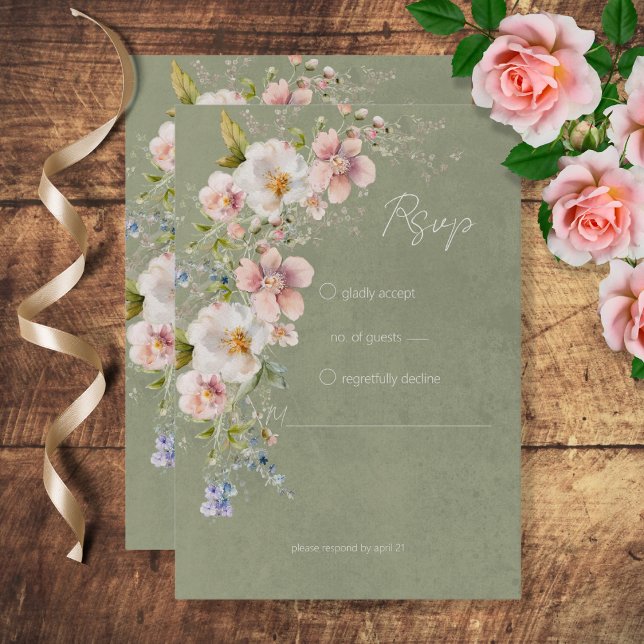 Cartão RSVP Pastel Floral Modern Green Wedding (Criador carregado)